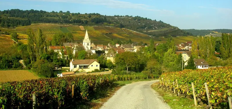Le village d’Auxey-Duresses et ses vignes en automne, sur la Côte de Beaune